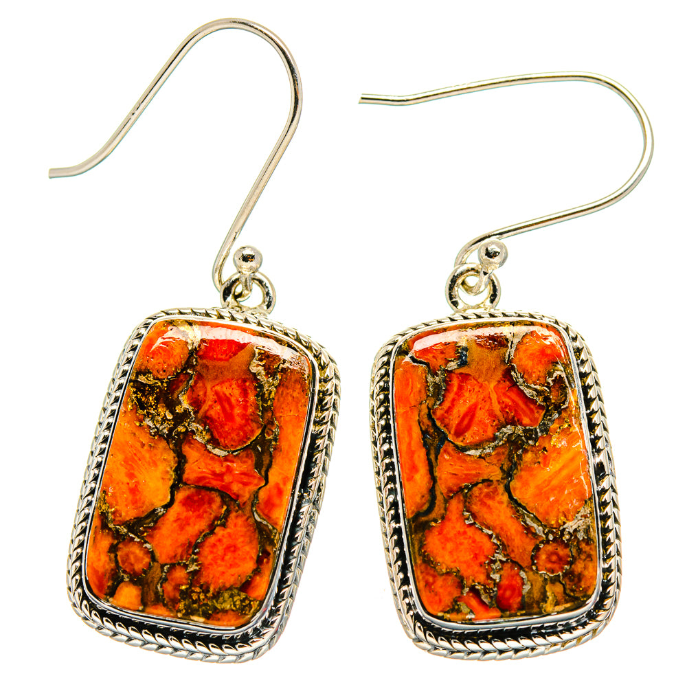Orange copper composite turquoise drop earrings, rectangular cab with silver filigree hooks