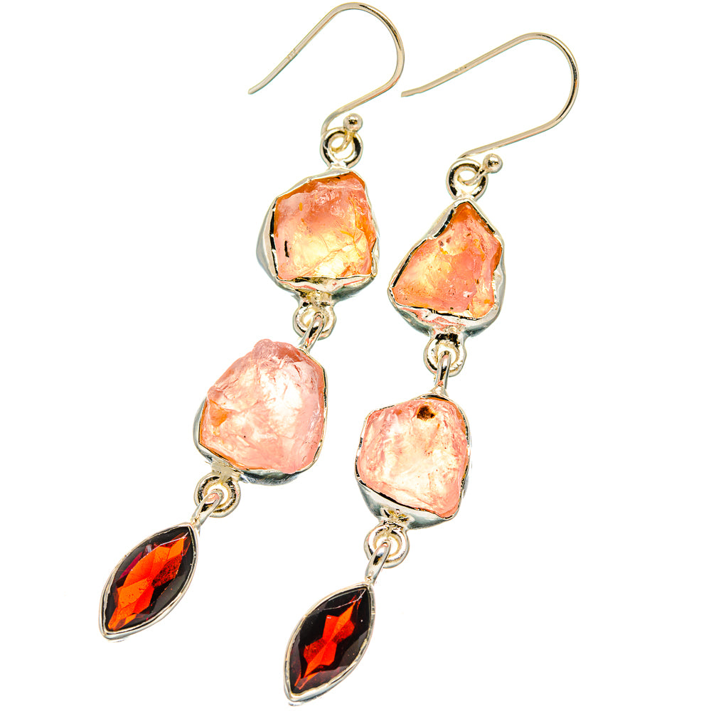 925 sterling silver rough rose quartz and red garnet drop earrings, dangling pair