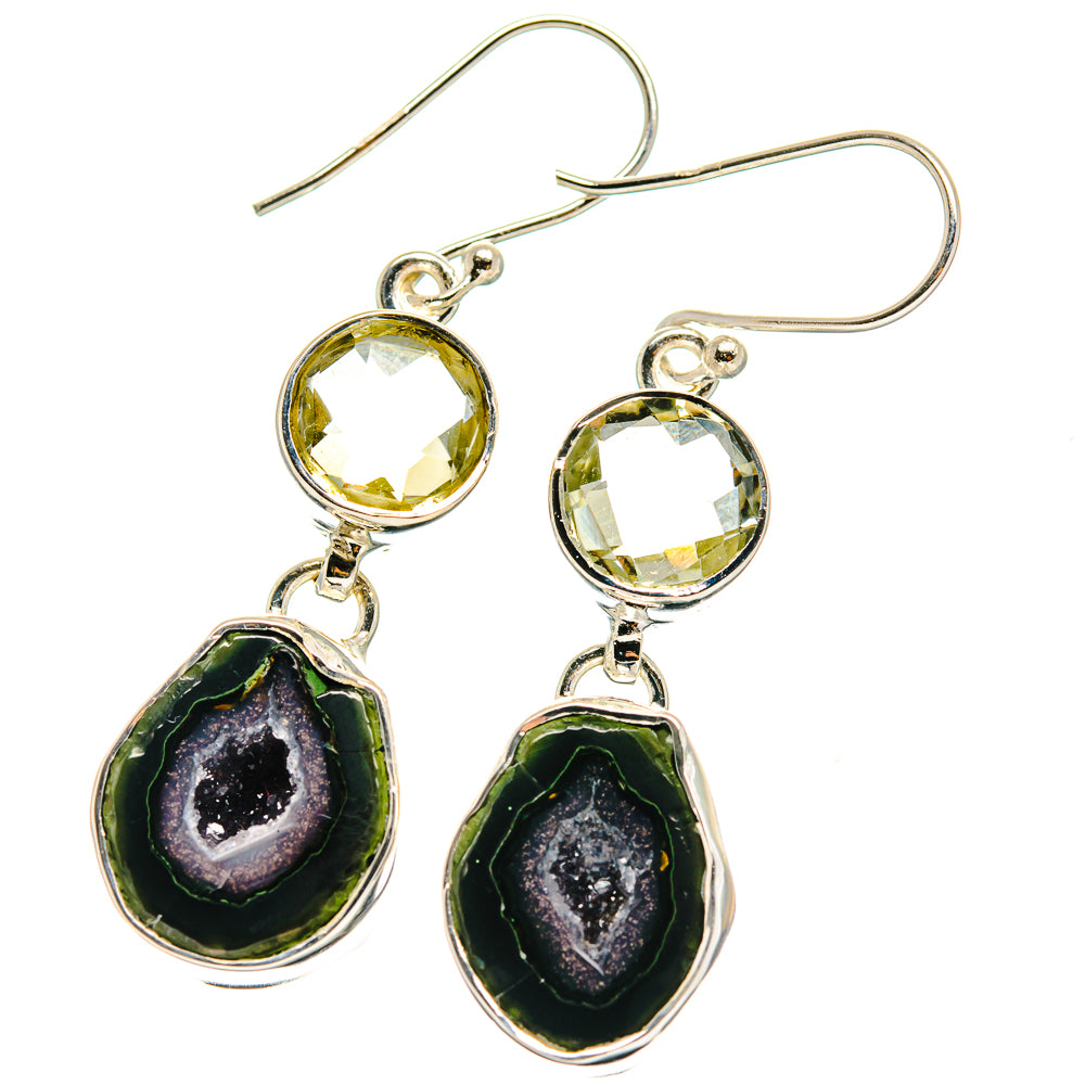 Sterling silver green amethyst dangle earrings with round prong tops and black geode slices