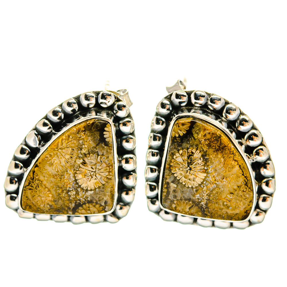 Fossil coral stud earrings, 925 sterling silver, triangular amber-yellow stones with beaded rim