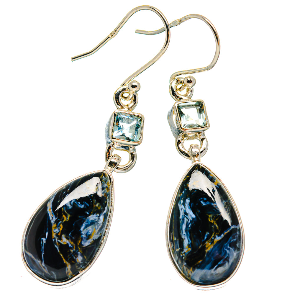 Sterling silver drop earrings with blue topaz square and blue pietersite teardrops