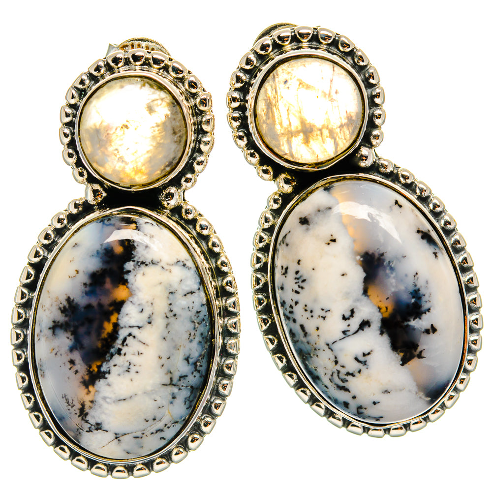 Silver drop earrings with round iridescent moonstone tops and oval dendritic opal