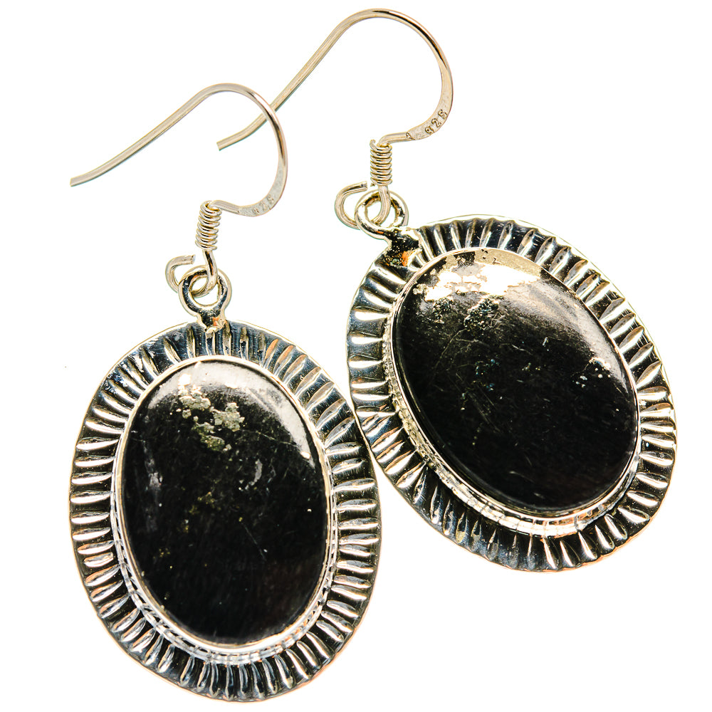 Pair of 925 sterling silver black onyx oval drop earrings with ribbed halo bezel and hooks