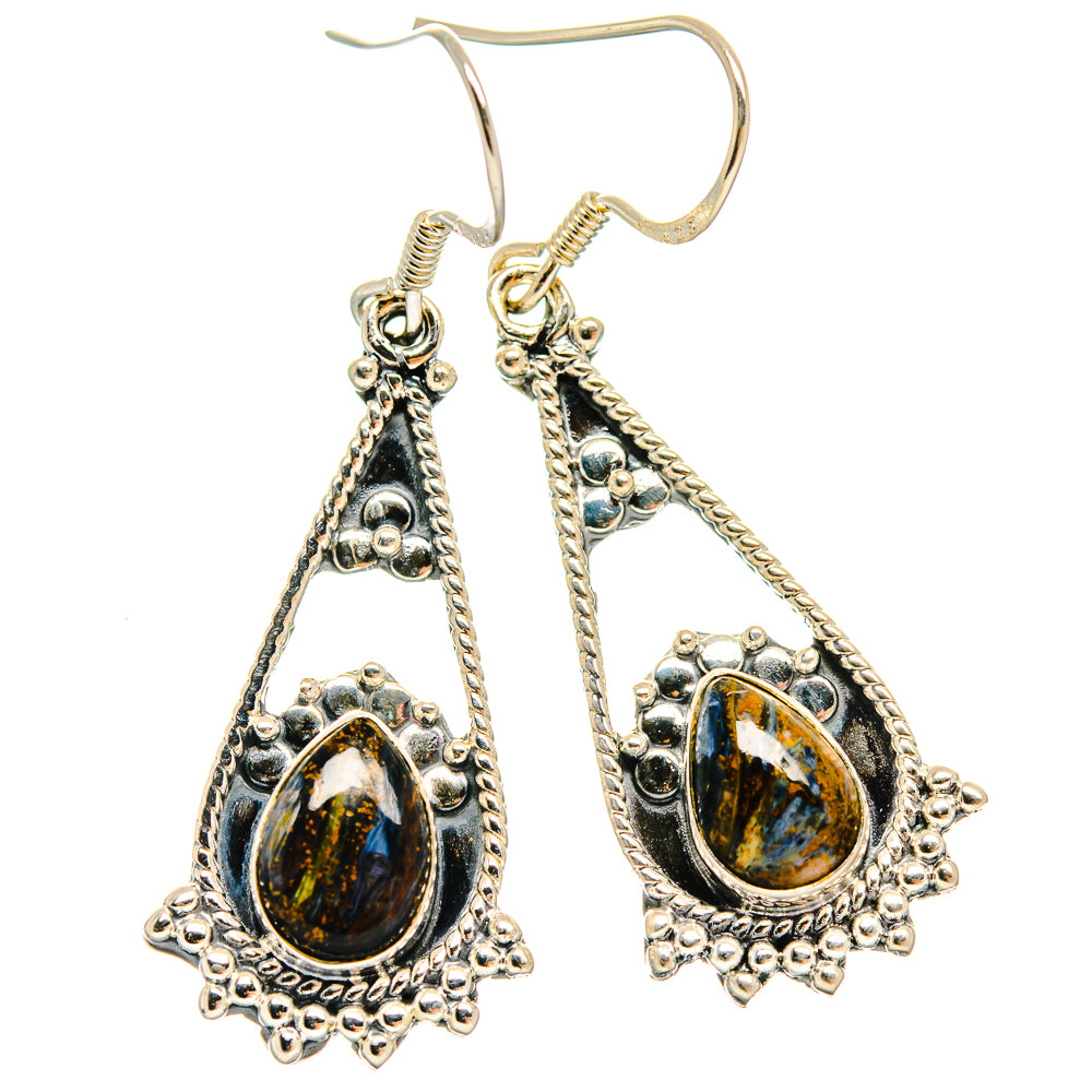 Sterling silver dangle earrings with oval pietersite cabochon in ornate frames