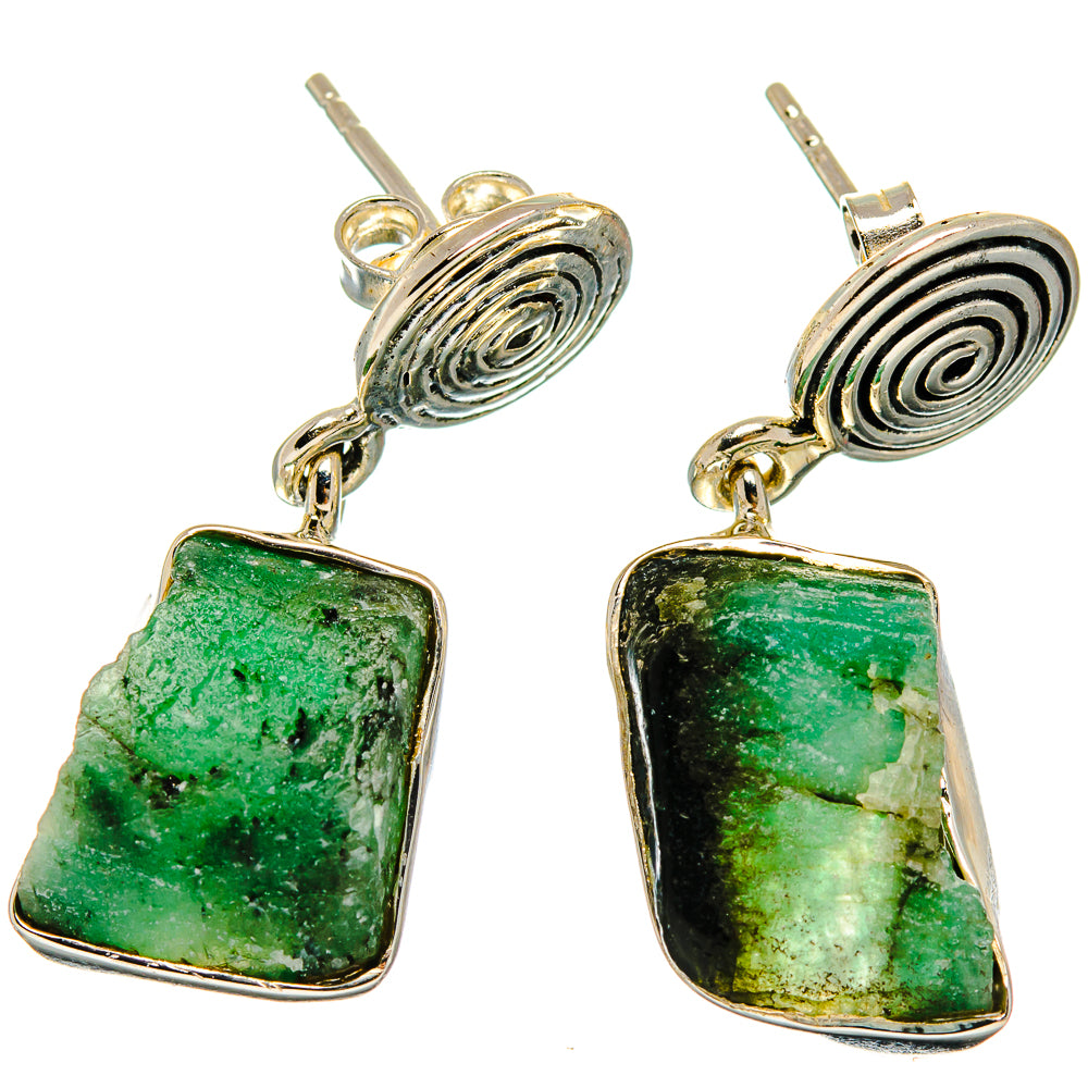 Sterling silver emerald earrings, rough green square drops on coil spiral backs