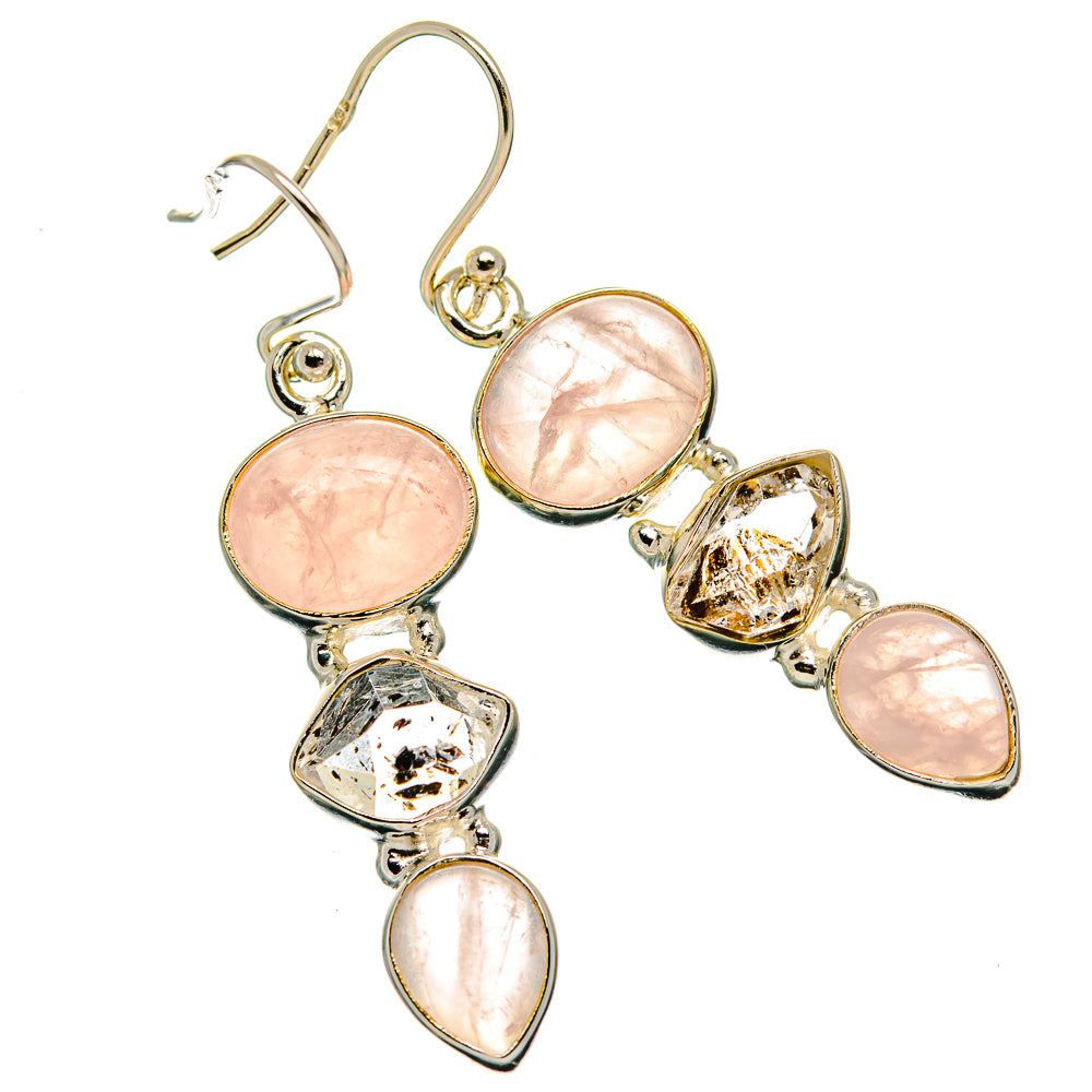 Sterling silver earrings with pink rose quartz ovals and faceted herkimer diamond drops