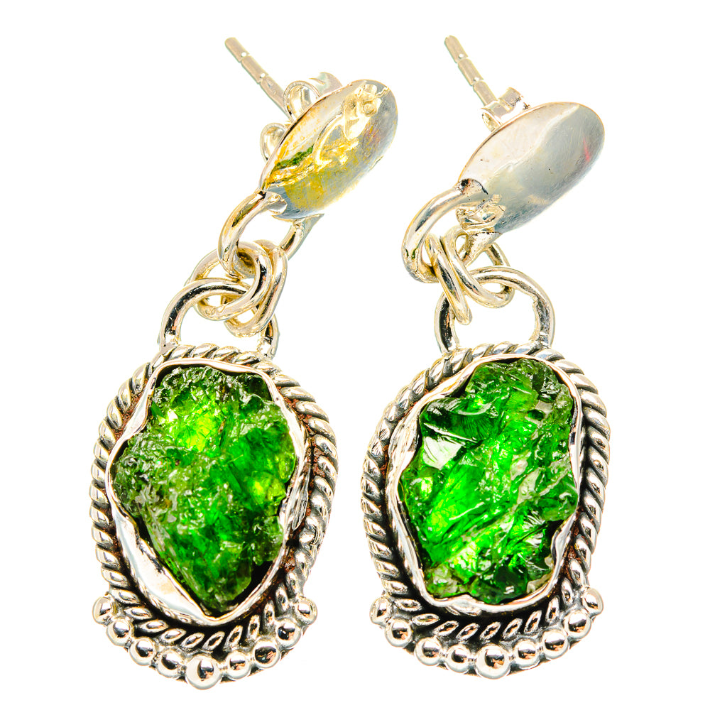 Green rough chrome diopside drop earrings, oval stones in 925 sterling silver settings