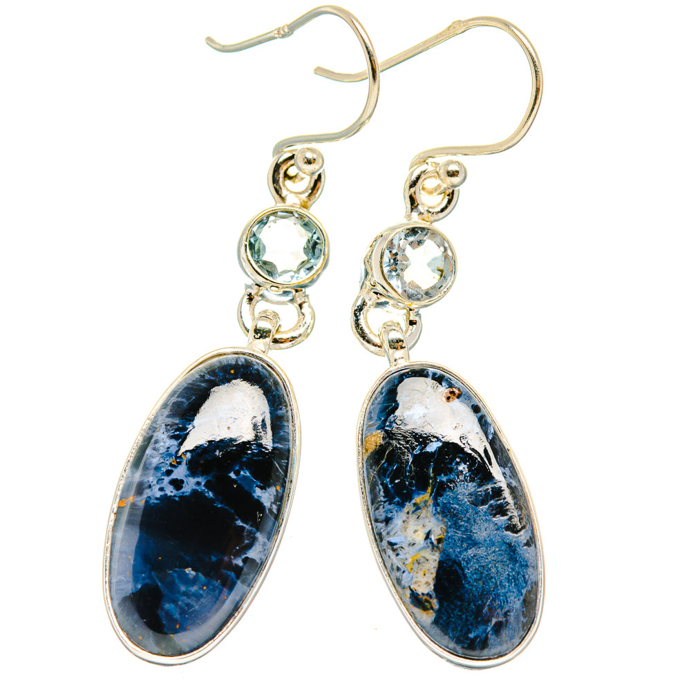 Silver drop earrings with oval blue pietersite dangles and small round blue topaz