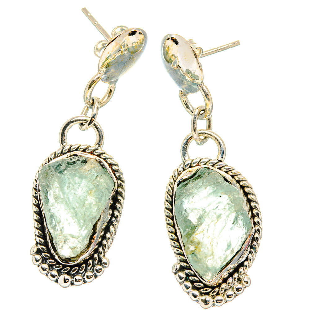 Rough aquamarine oval drop earrings in sterling silver with hoop dangles and posts