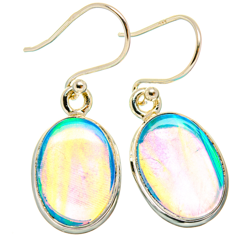 Sterling silver opal oval drop earrings with rainbow iridescent cabochons