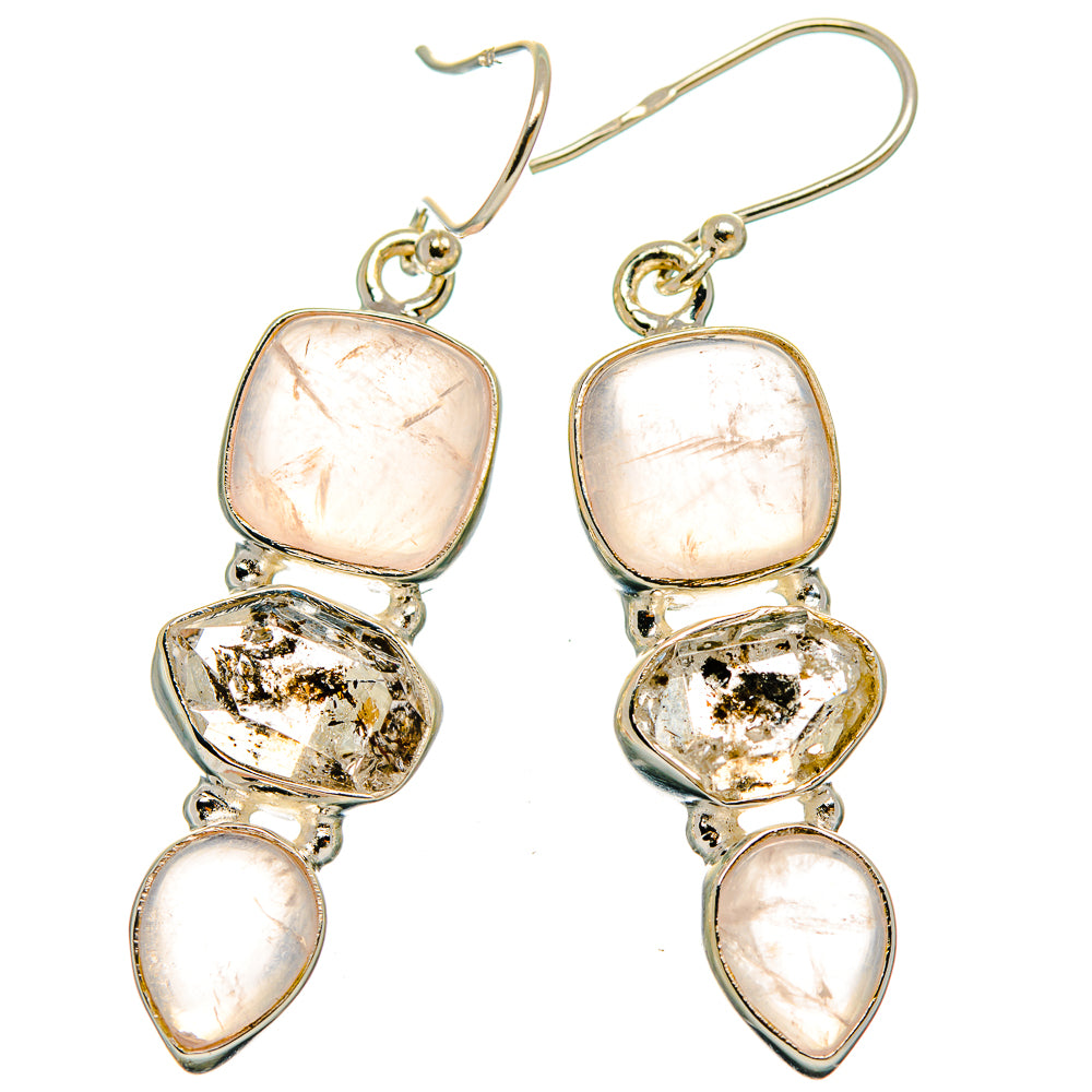 Rose quartz and herkimer diamond drop earrings, stacked pink stones with clear textured center
