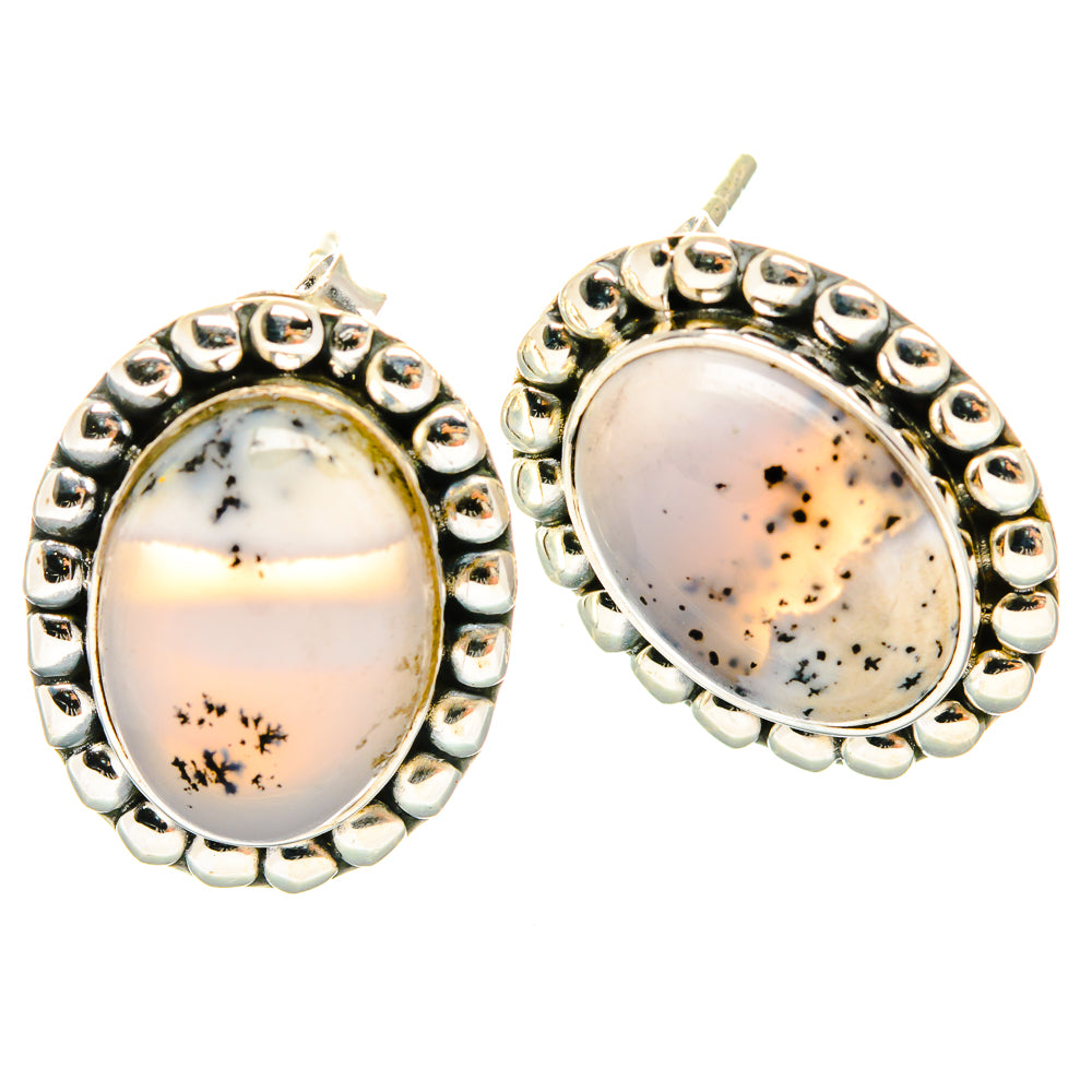 Oval dendritic opal stud earrings, sterling silver with beaded bezel