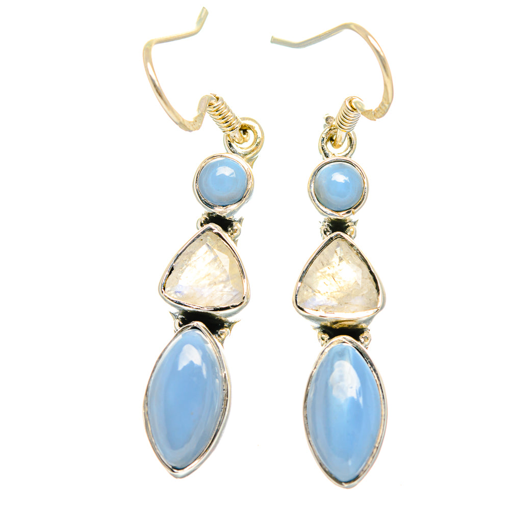 Rainbow moonstone drop earrings in 925 silver with blue ovals and a triangular opal