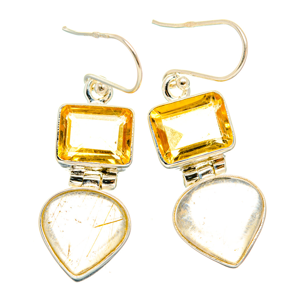 Dangle earrings in 925 sterling silver with square citrine and heart rutilated quartz