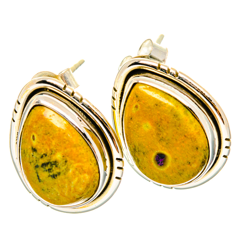 925 sterling silver teardrop stud earrings with yellow cabochon and purple center