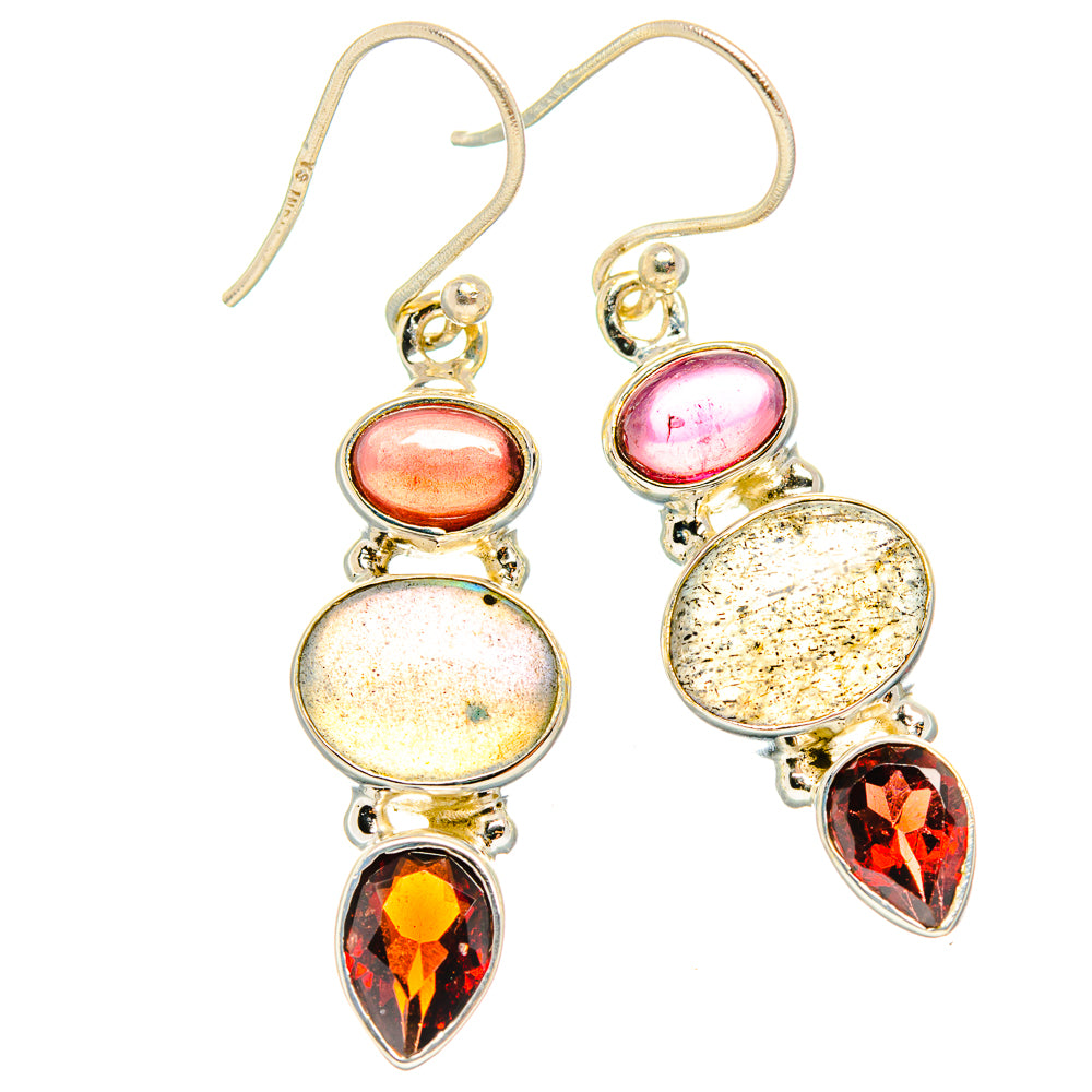 Silver-tone gemstone drop earrings with pink, gold-speckled round and red teardrop stones