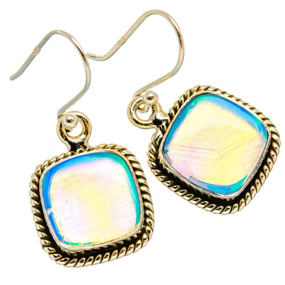 Sterling silver opal drop earrings with gold-tone rope bezel and blue-and-pink iridescent stones