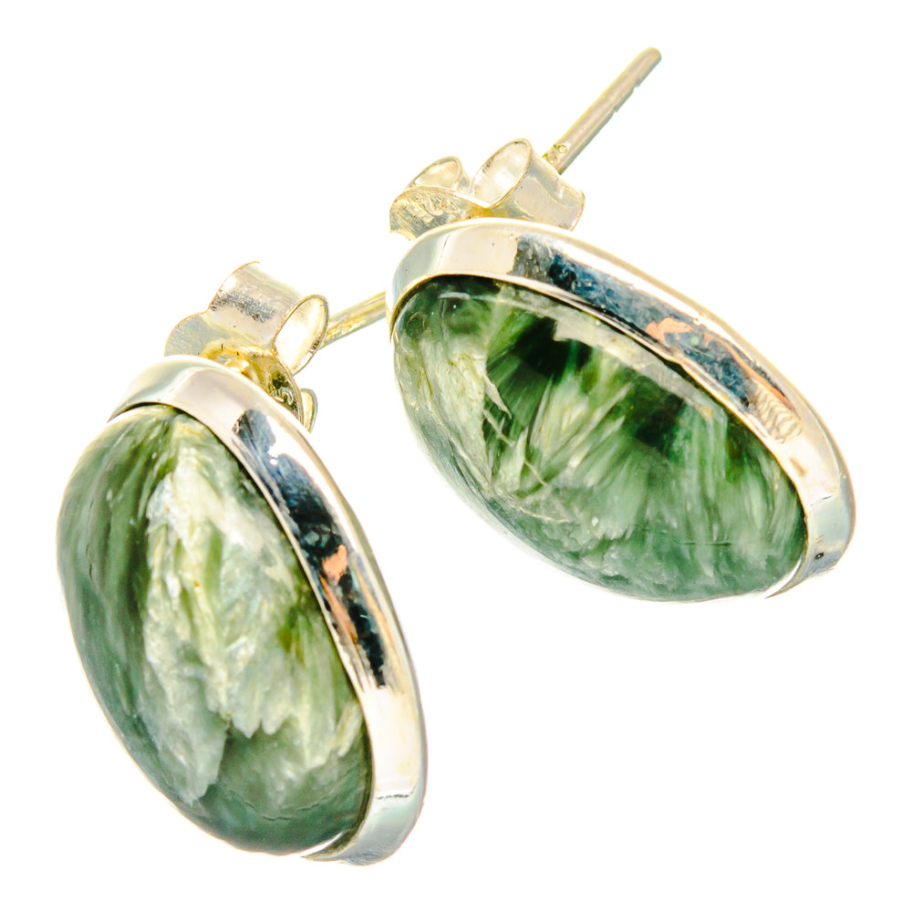 Oval green seraphinite earrings in 925 sterling silver, with stud backs