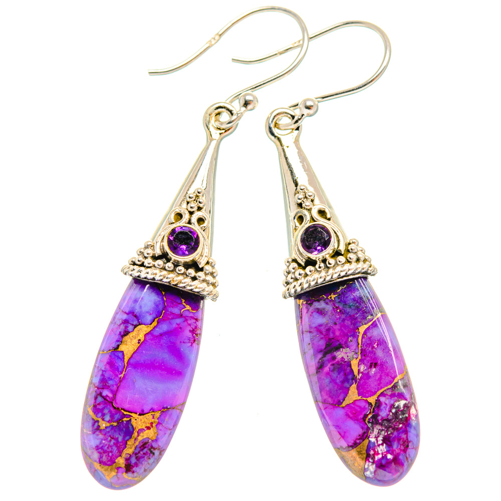 925 sterling silver drop earrings, purple teardrop stone with round amethyst bezel