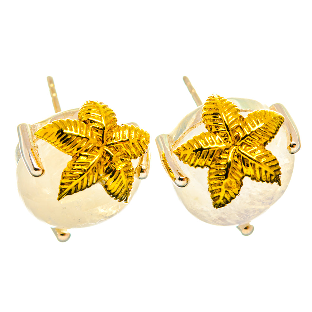 Gold flower-leaf moonstone teardrop earrings, 925 sterling silver posts