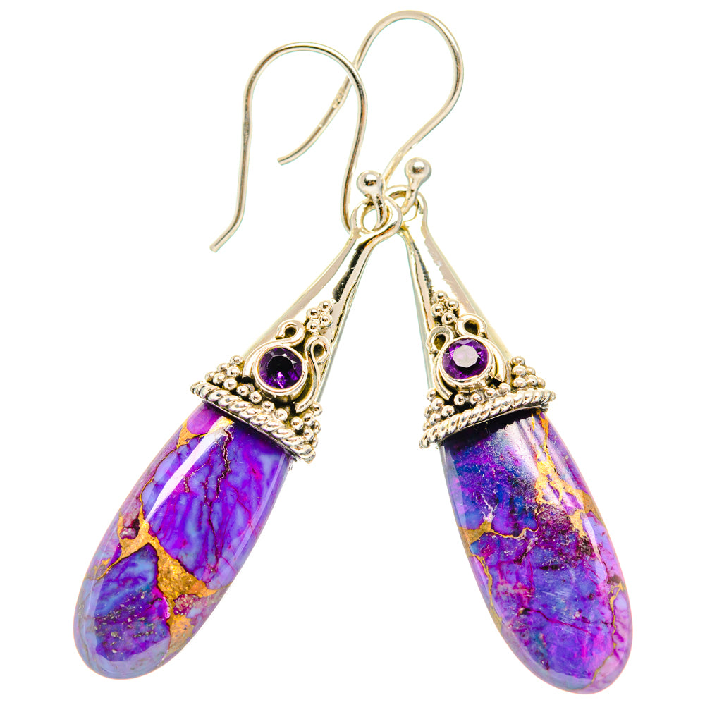 Purple and gold teardrop earrings with small purple stones, 925 sterling silver hooks