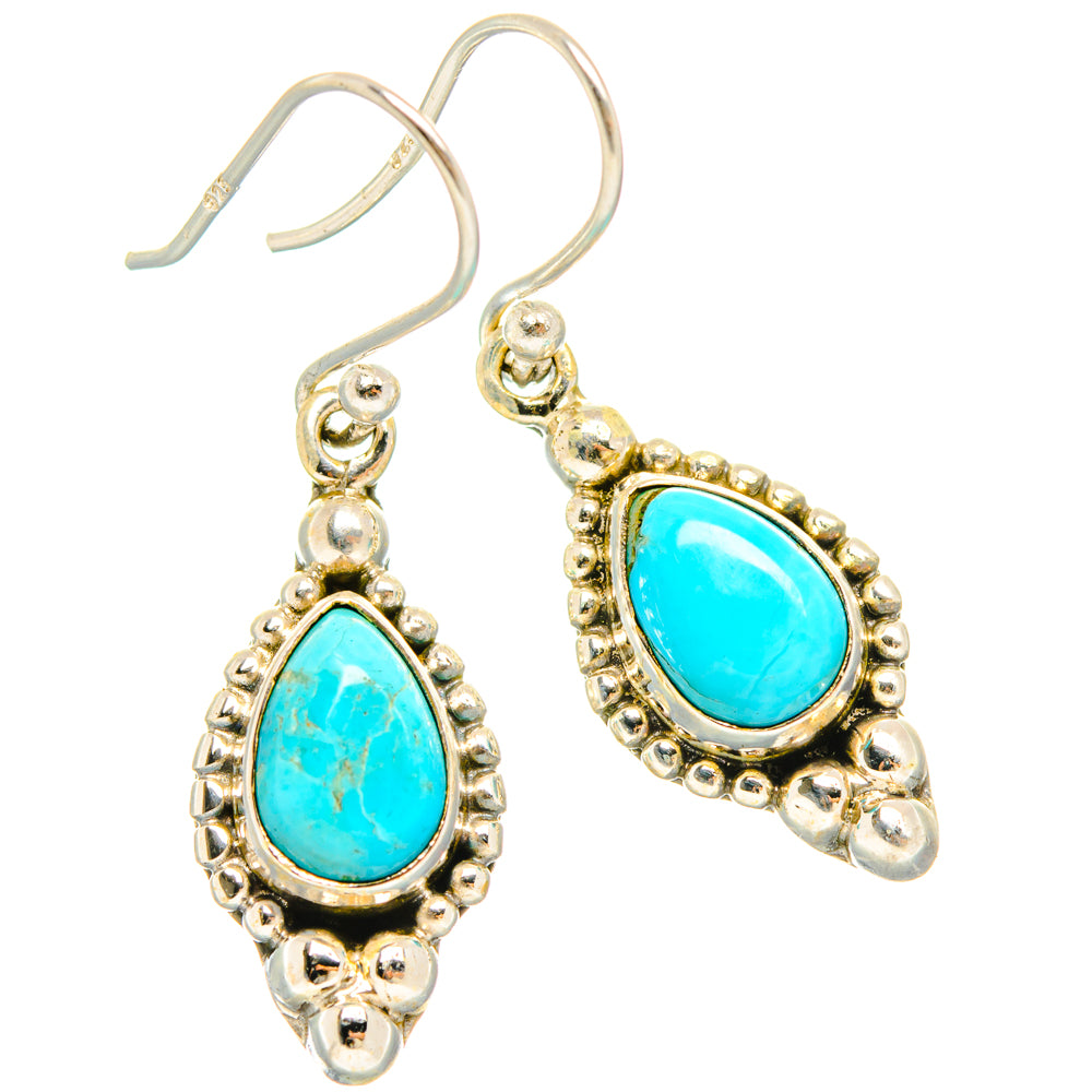 Larimar teardrop earrings with turquoise-blue stones, beaded gold-tone bezel, hook back