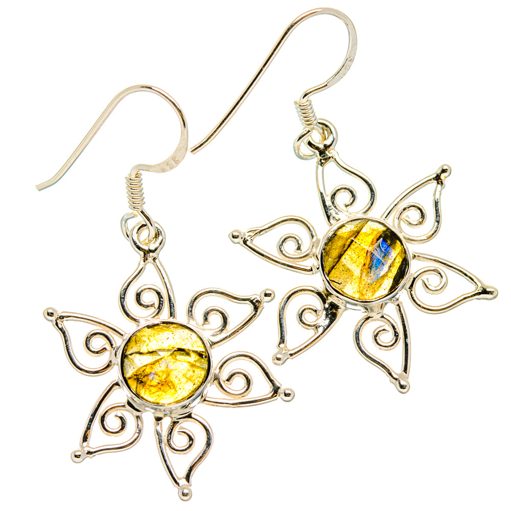 Sterling silver filigree drop earrings with round labradorite stones in yellow and blue