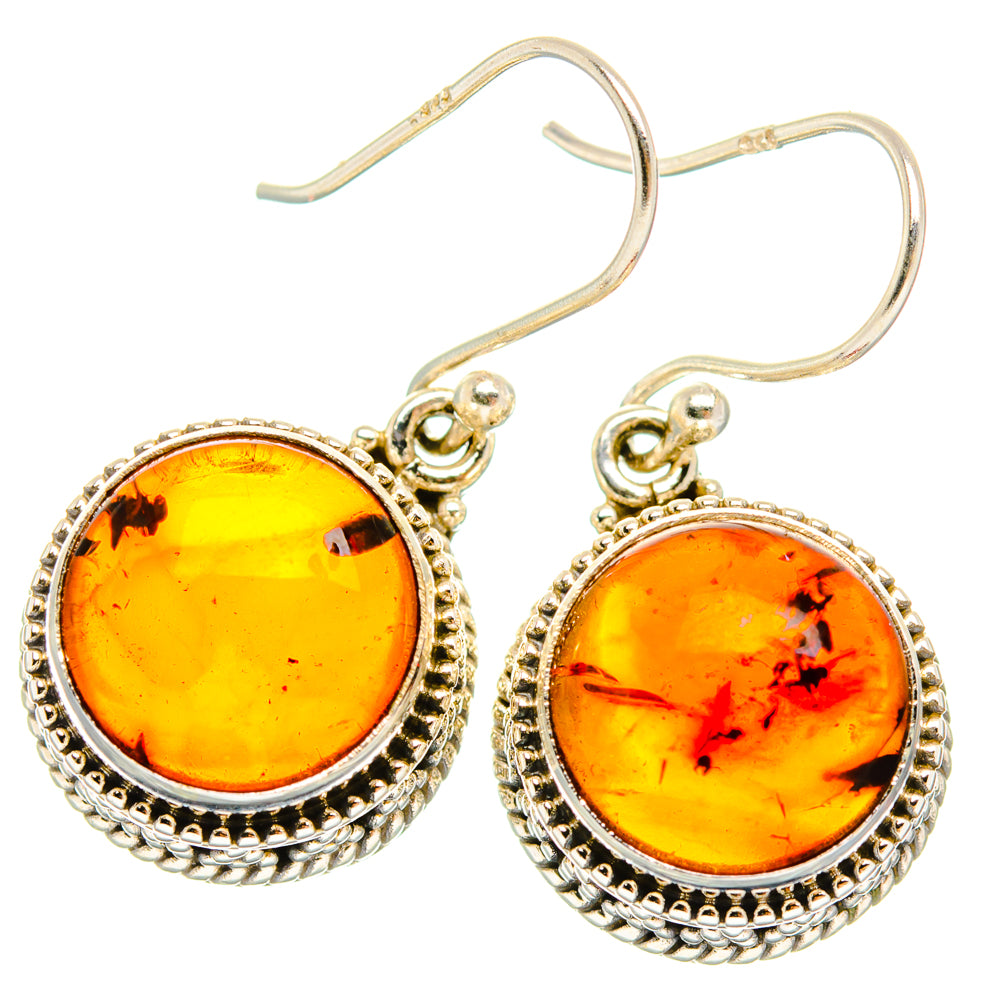 925 sterling silver amber drop earrings, round orange stones with beaded silver borders