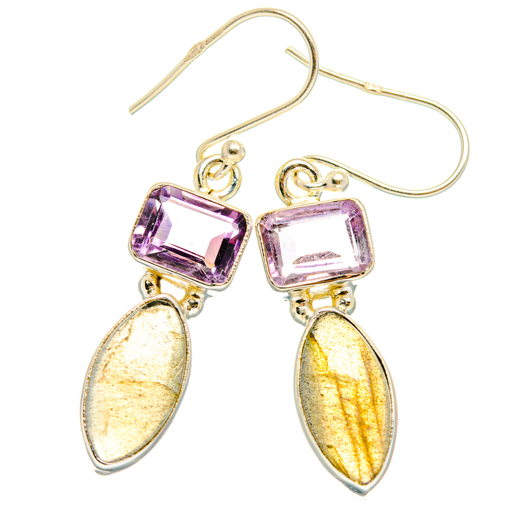 Sterling silver amethyst and labradorite drop earrings with purple square and teardrop stones