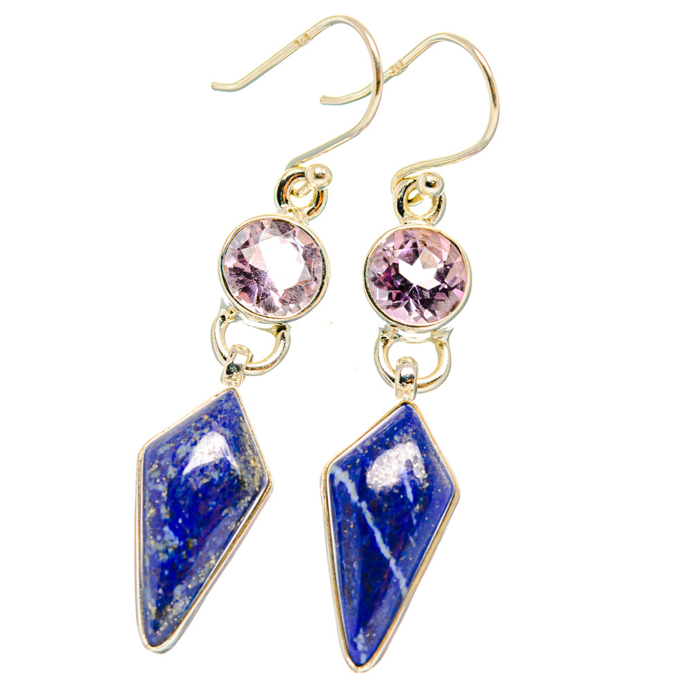 Sterling silver dangle earrings: pink round stones with blue lapis triangle drops