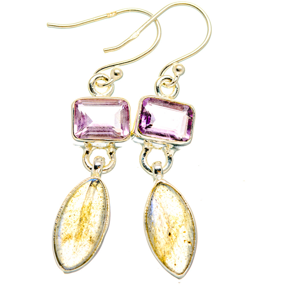 Sterling silver amethyst square earrings with purple stones and labradorite teardrops