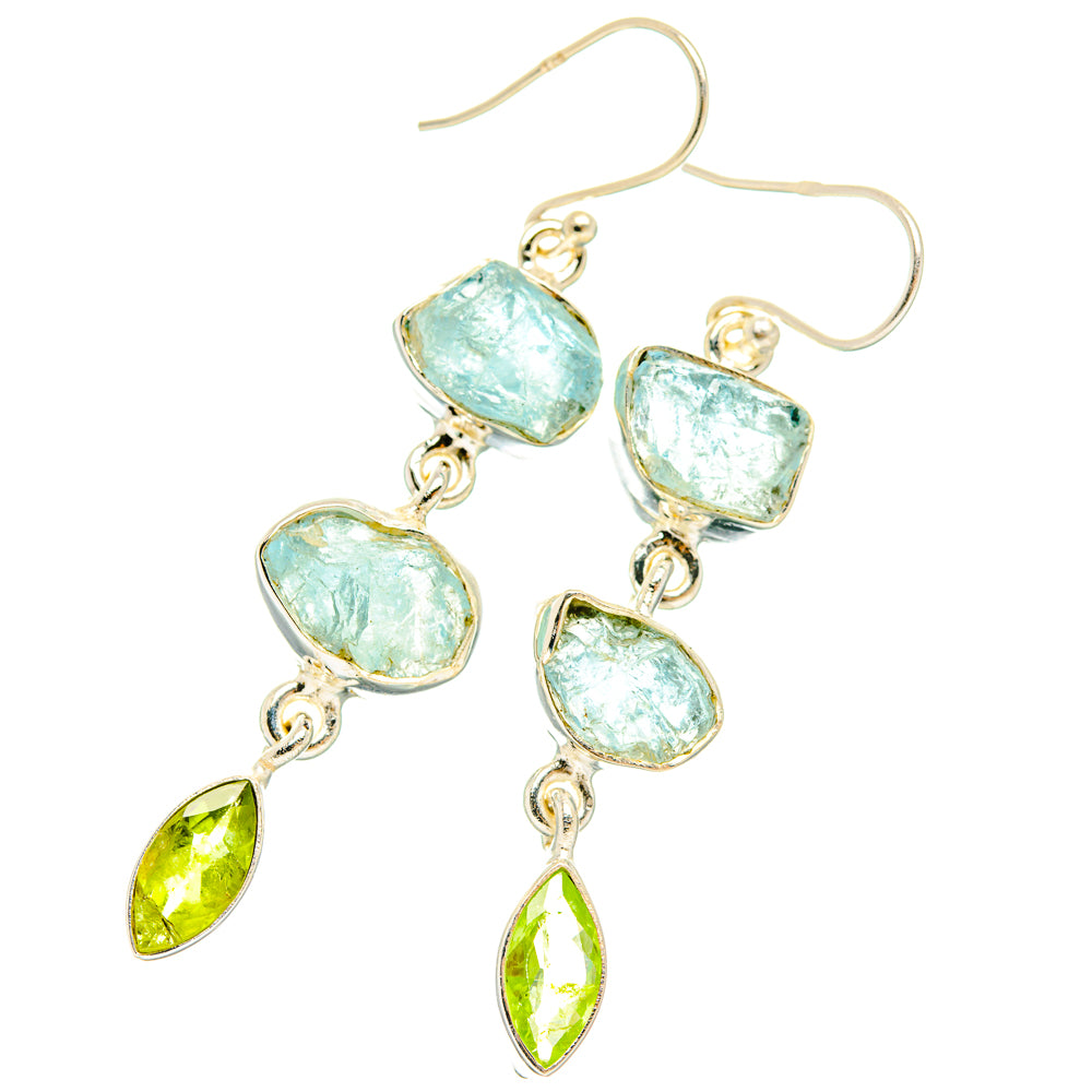 Sterling silver drop earrings with three rough aquamarine stones and peridot teardrops