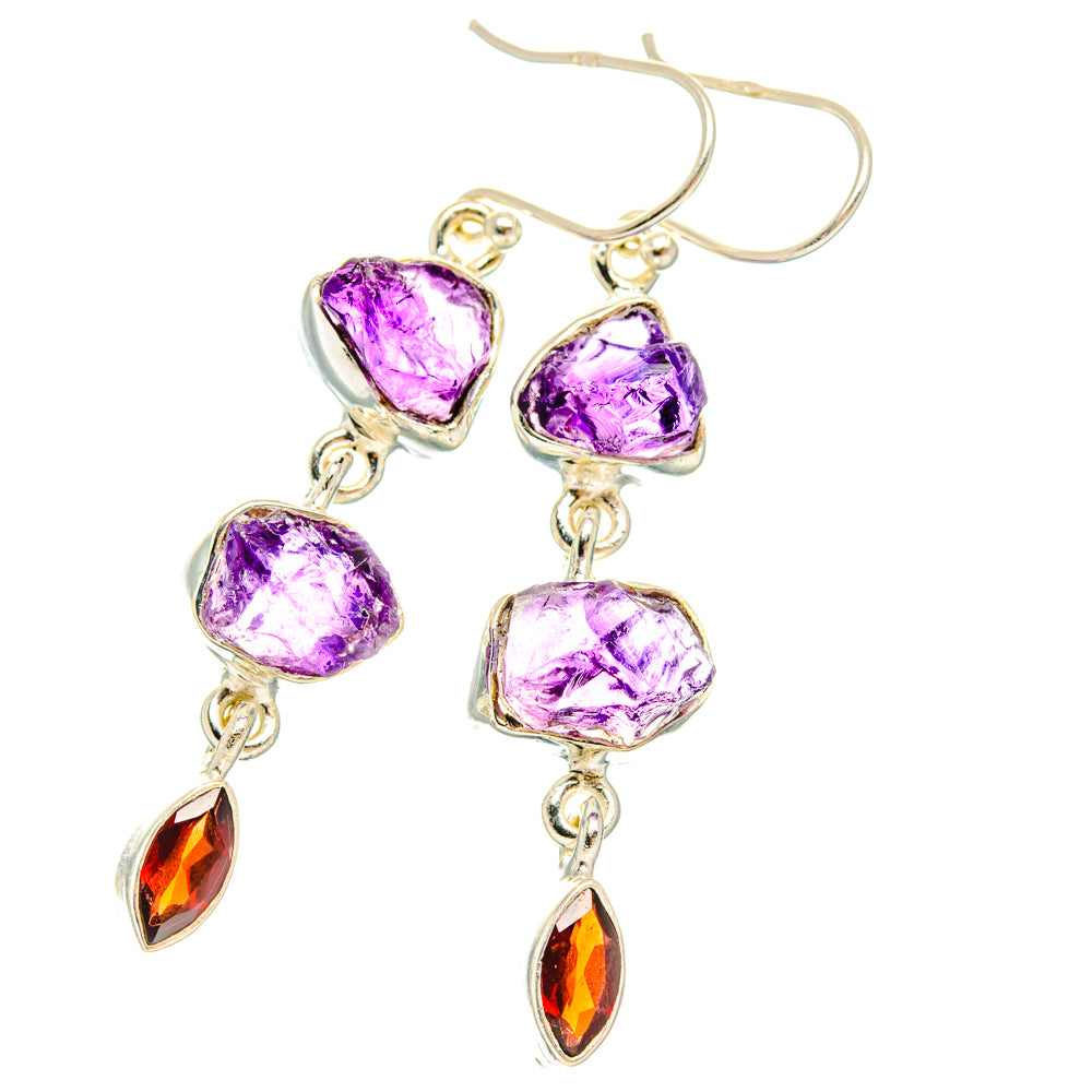 Sterling silver amethyst & garnet earrings: rough purple stones, red teardrops
