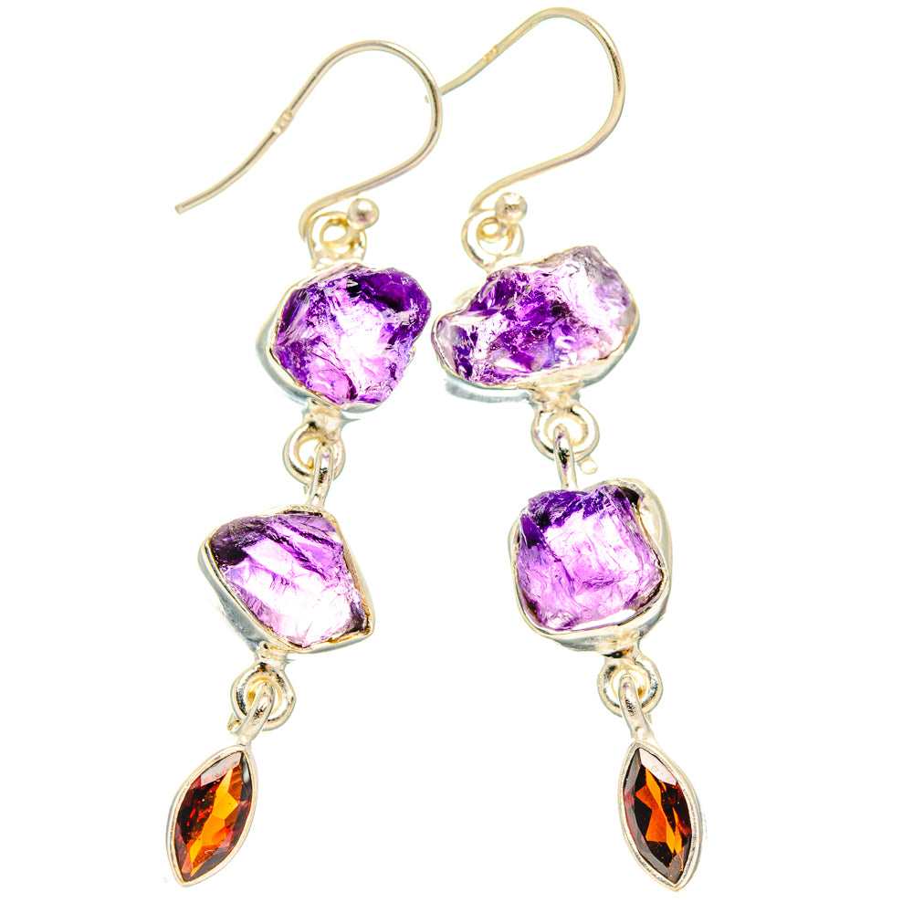 925 sterling silver hook earrings with rough amethyst drops and garnet teardrop accents