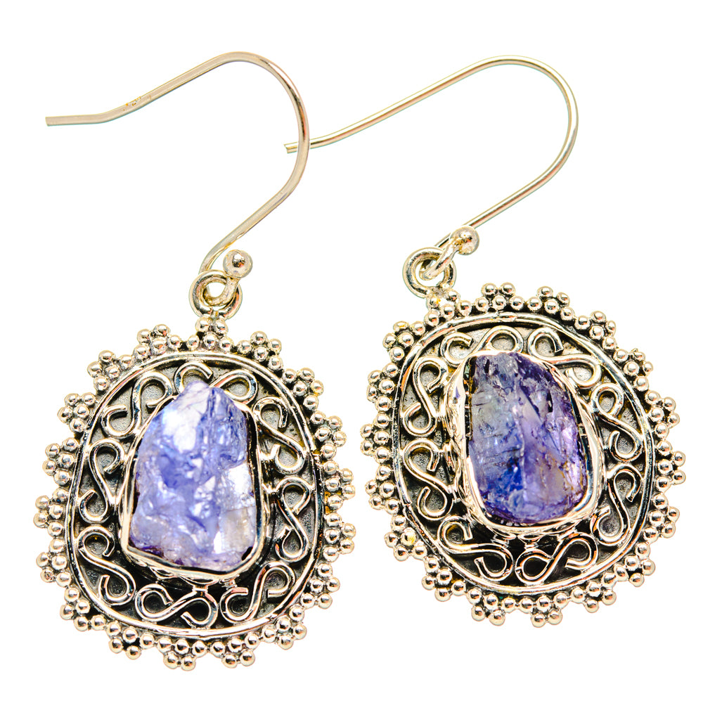 Rough tanzanite drop earrings, ornate silver filigree with faceted purple stone, hook backs
