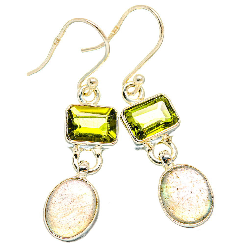 Sterling silver fishhook drop earrings with square peridot and oval labradorite dangles
