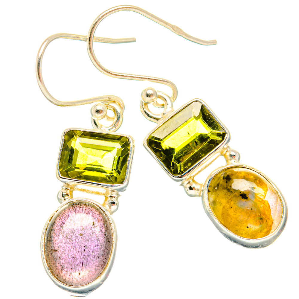 925 sterling silver earrings with square green stones and oval iridescent dangles, pink and gold