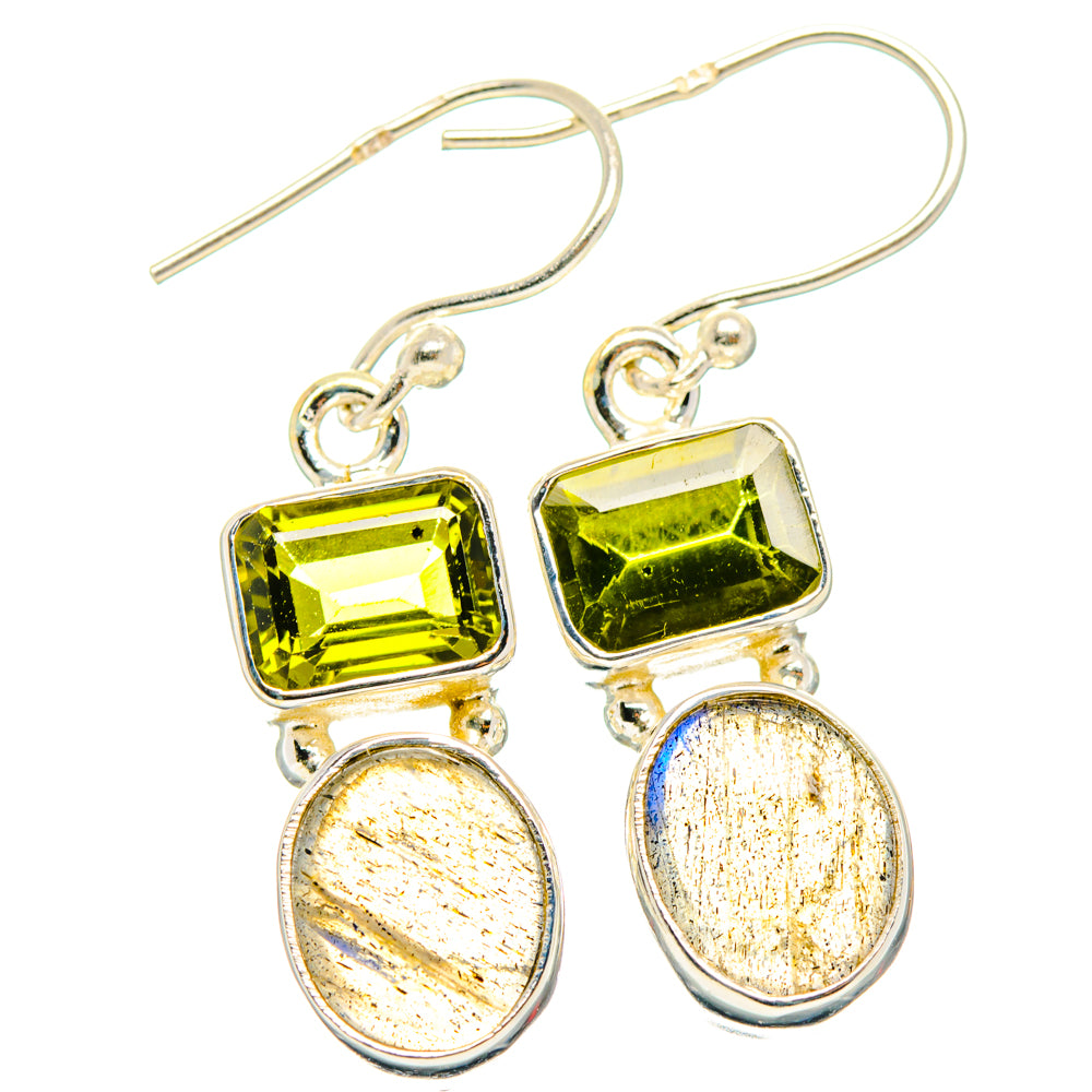 925 sterling silver drop earrings: peridot-green square and labradorite oval stones