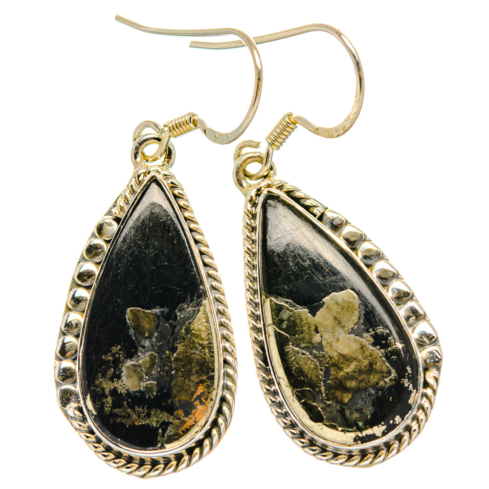 Gold-tone teardrop earrings with dark black stone and gold flecks, fishhook backs