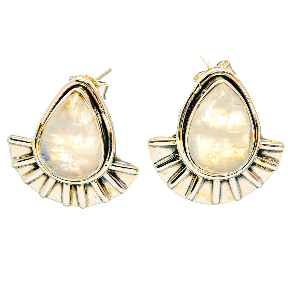 Pair of 925 sterling silver teardrop moonstone earrings with fan-shaped metal accents