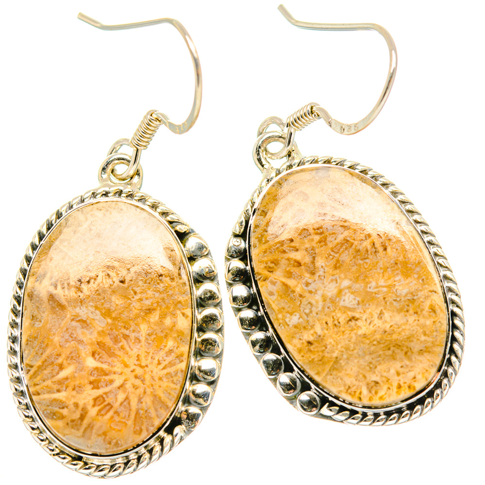 Oval coral cabochon earrings in 925 sterling silver with beaded bezel and fishhook hooks