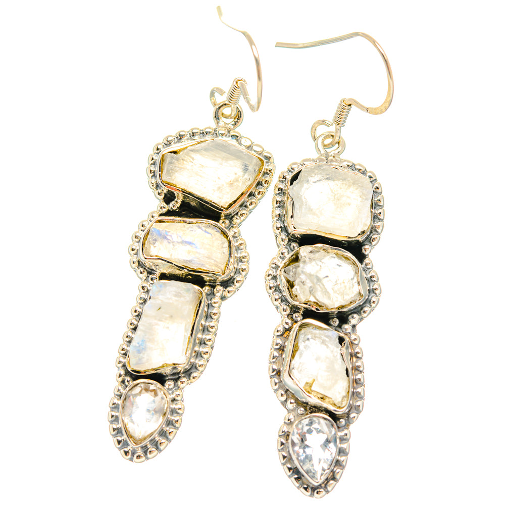 Moonstone dangle earrings with rough oval stones and small round accents, 925 silver
