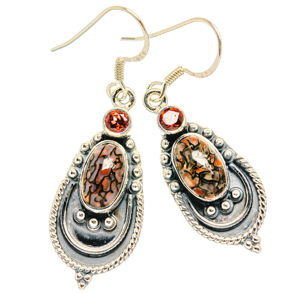 Garnet dinosaur bone drop earrings, oval red gems and silver-toned filigree