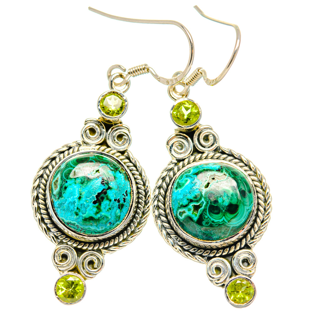 Turquoise and lime green drop earrings, round stone with ornate silver setting