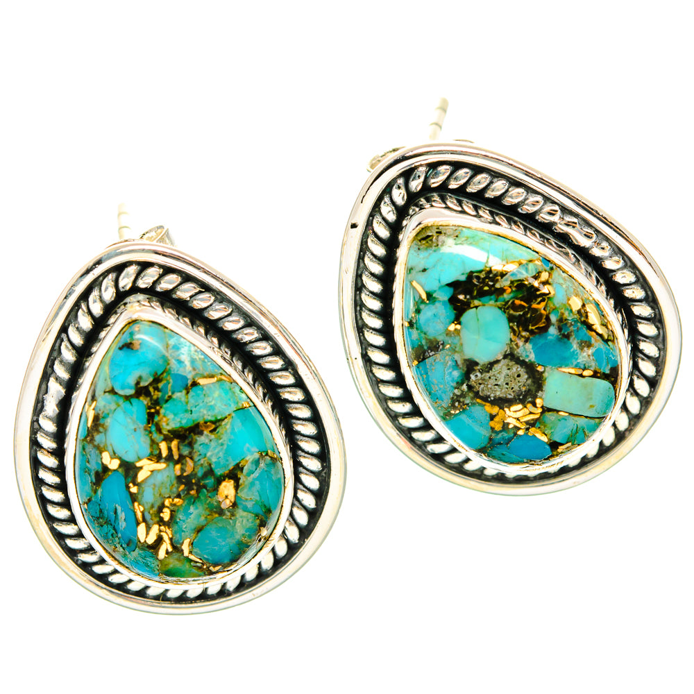 Turquoise oval stud earrings with antique silver frames and hanging loops