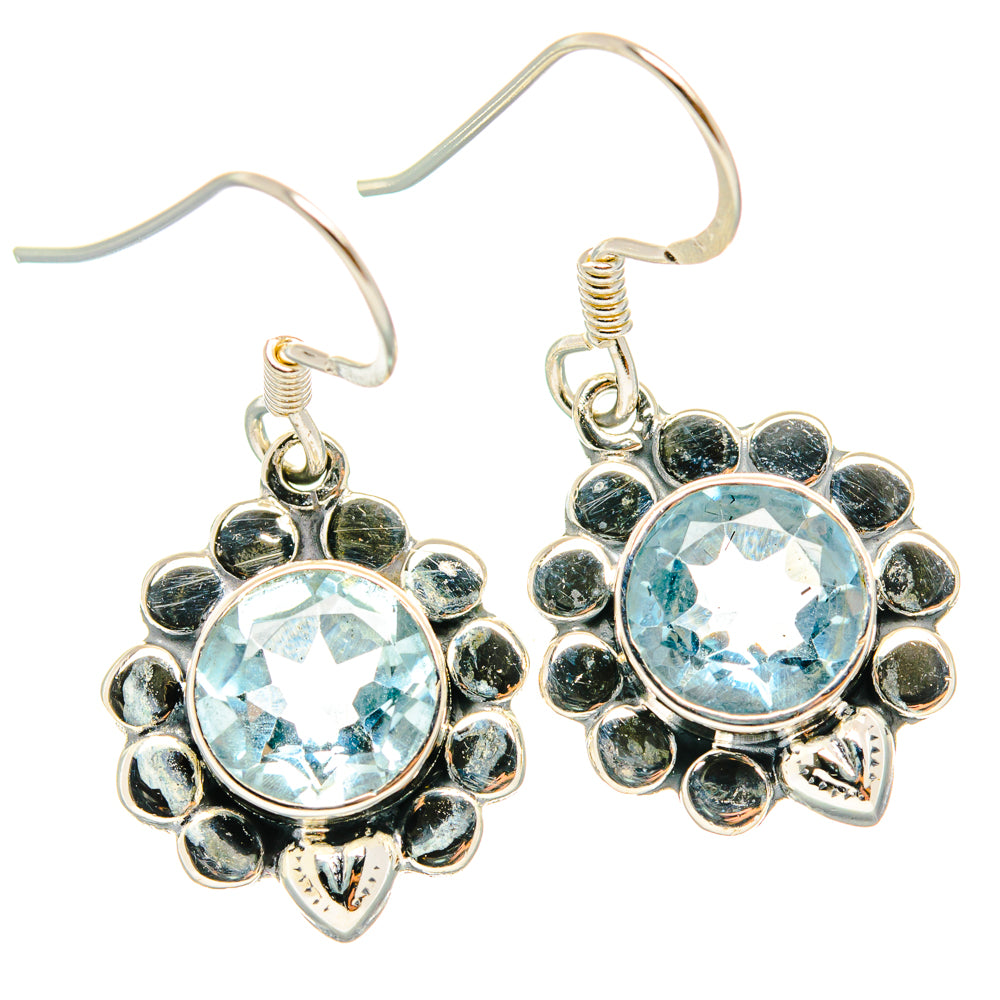 Round blue topaz earrings with 925 sterling silver beaded halo and fishhook backs