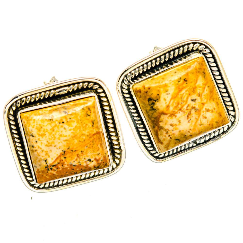 Square picture jasper earrings with 925 sterling silver rope border and hook back