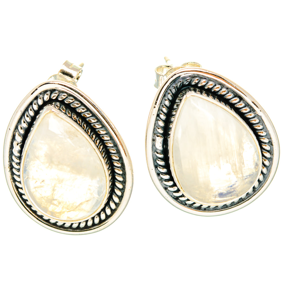 Pair of teardrop moonstone earrings, silver bezel with beaded border, stud