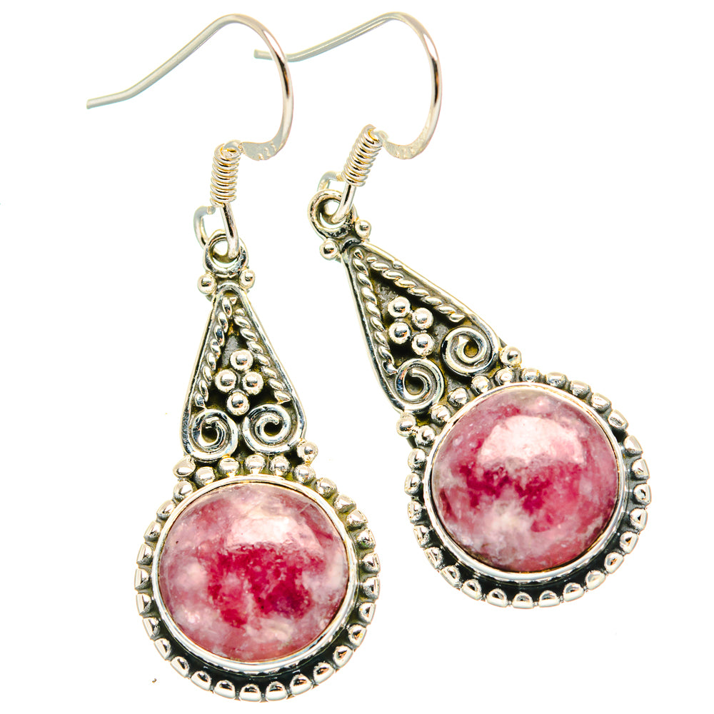 Lepidolite drop earrings in ornate teardrop settings with pink cabochon stones