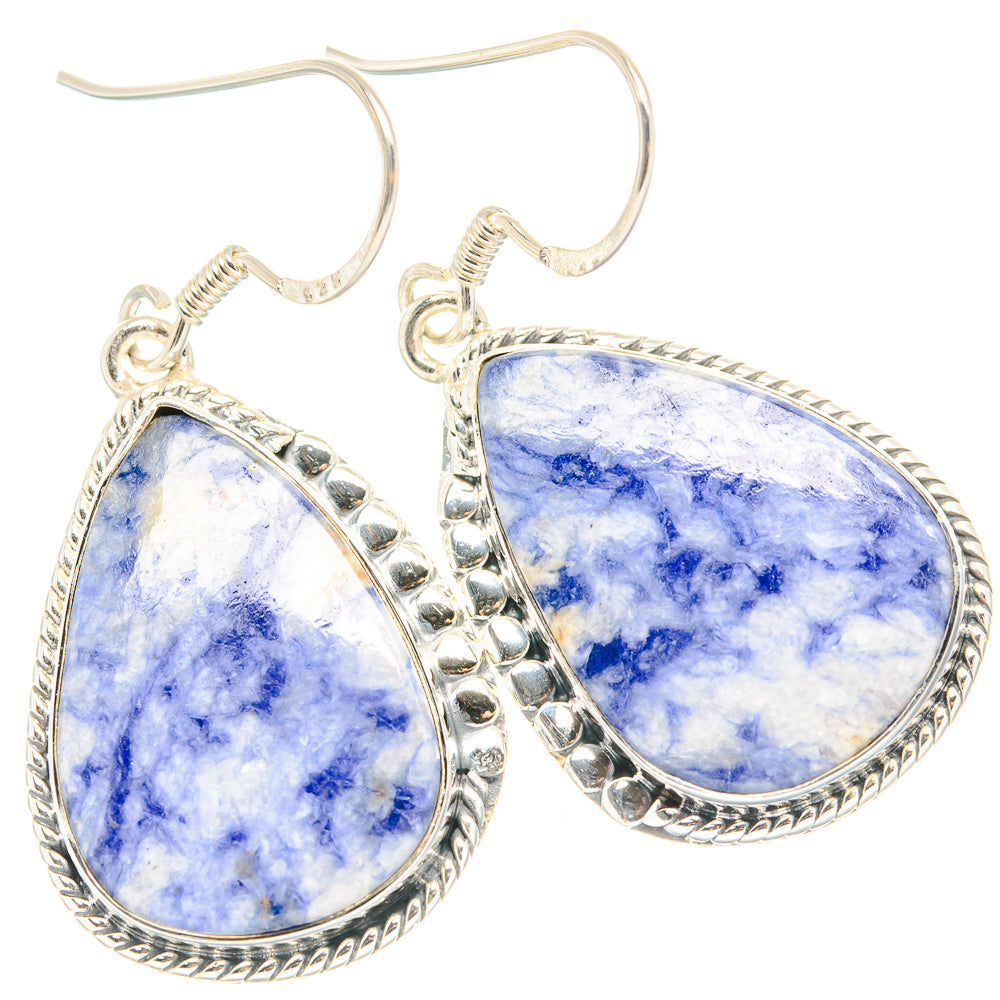 Teardrop sodalite earrings in 925 sterling silver, blue stone with silver scalloped rim